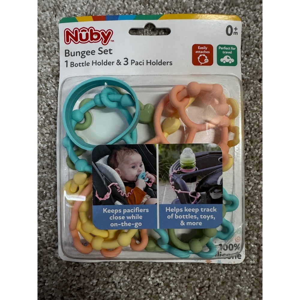 Nuby Bungee Set 1 Bottle Holder 3 Paci Holders 100% Silicone Pastel 4pc New